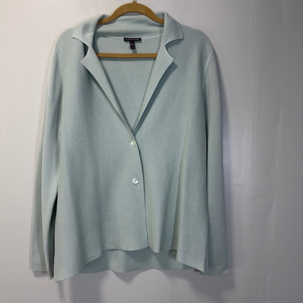 Eileen Fisher Silk Organic Cotton Knit Cardigan Sweater Light Blue Large